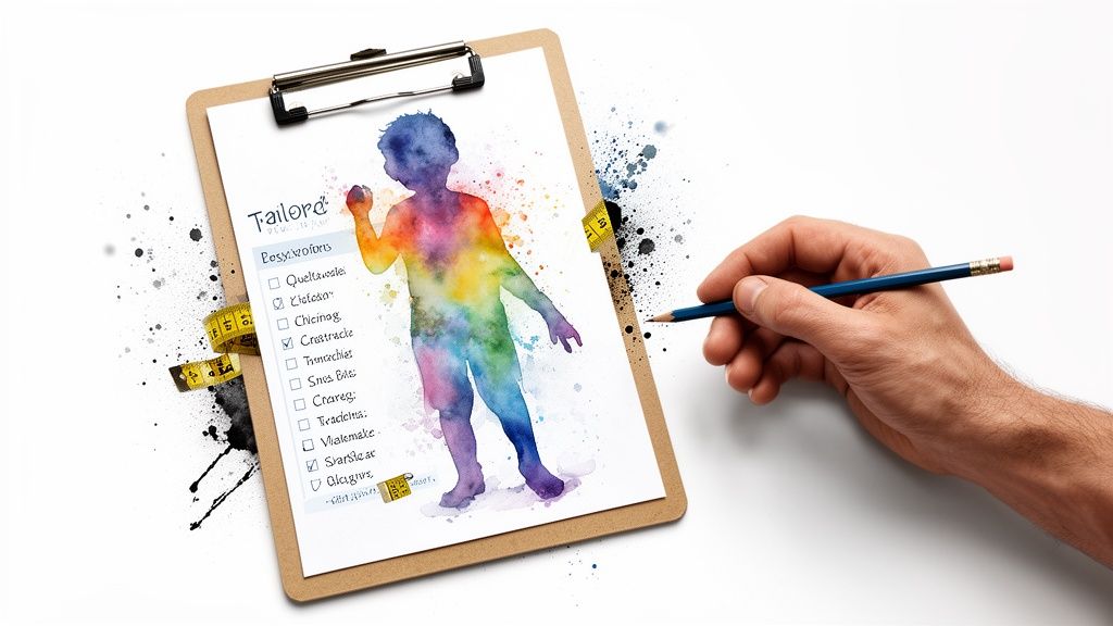 A hand with a pencil points at a checklist on a clipboard next to a colorful child silhouette.