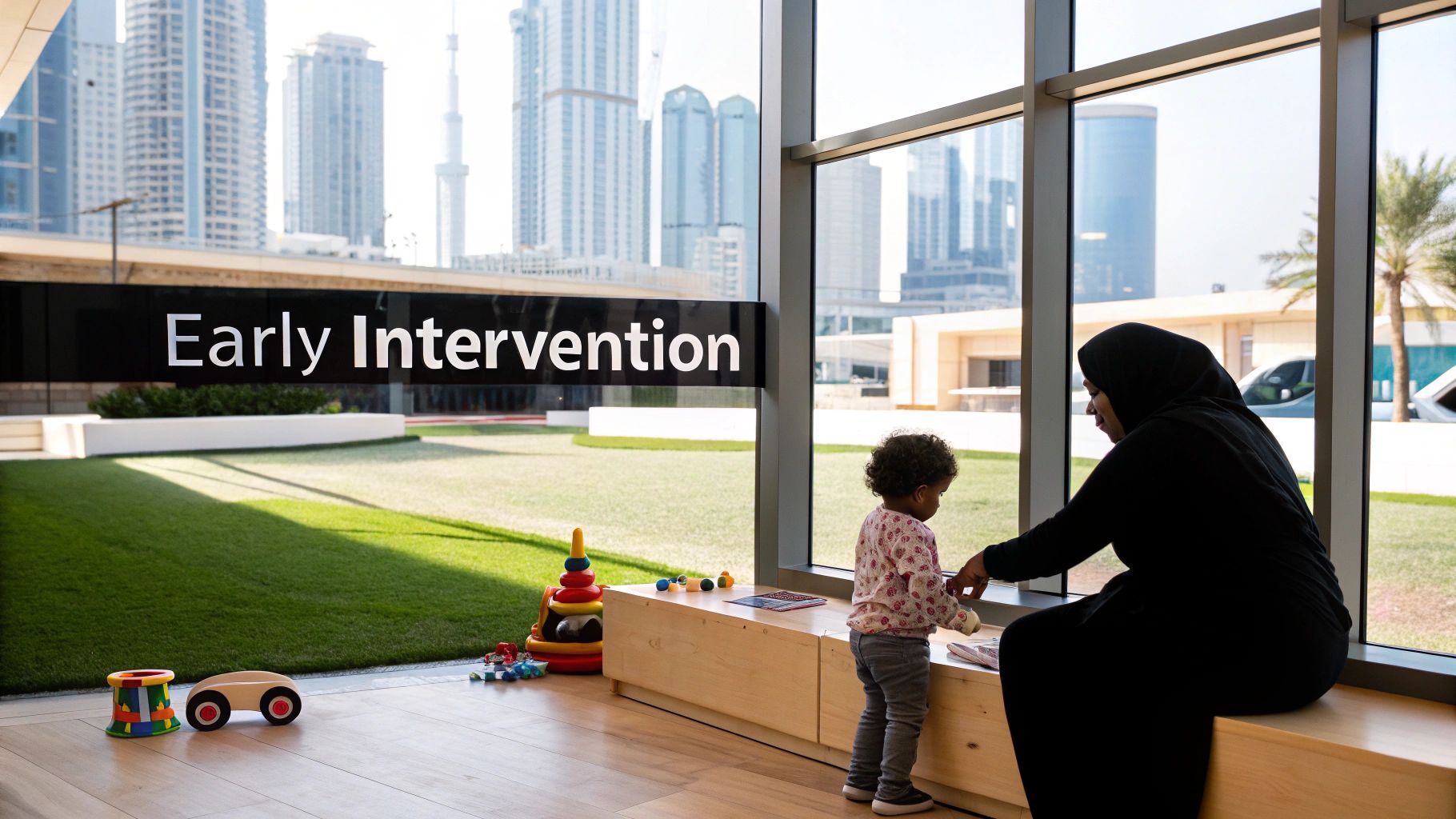 A therapist and a young child playing with colourful blocks on the floor.