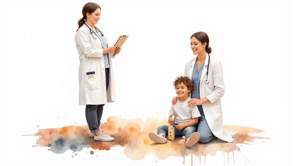 Two smiling female doctors with a happy young boy, one holding a clipboard, against a white background.
