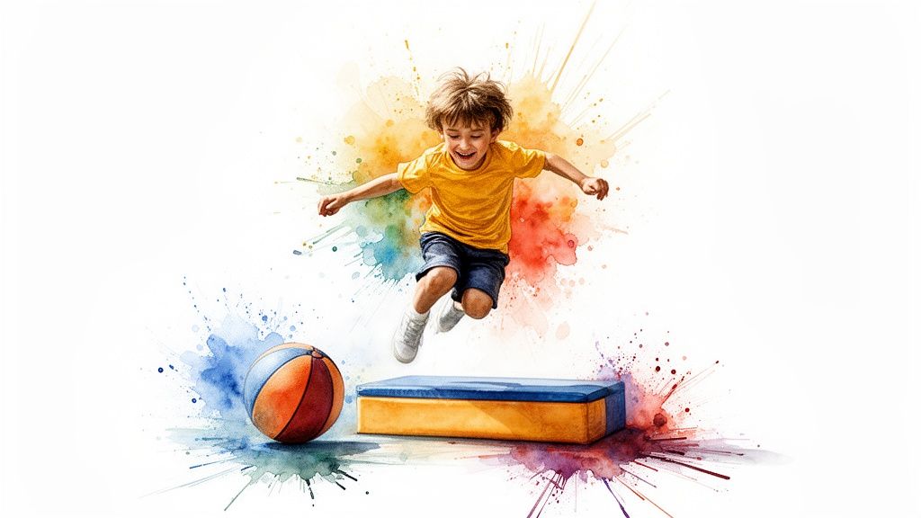 10 Therapist-Approved Indoor Childrens Activities for Developmental Growth 3 A joyful young boy jumps above a blue mat, with a colorful ball nearby and vibrant watercolor splashes.