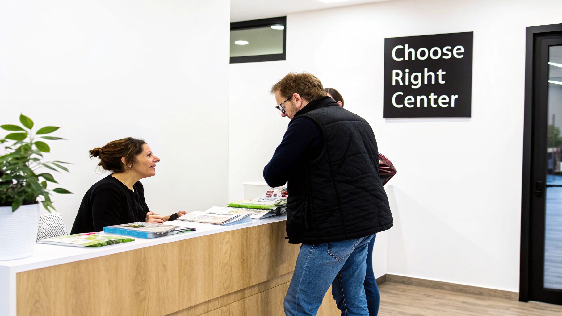 A woman smiles while assisting a man at a modern reception desk with informational brochures.