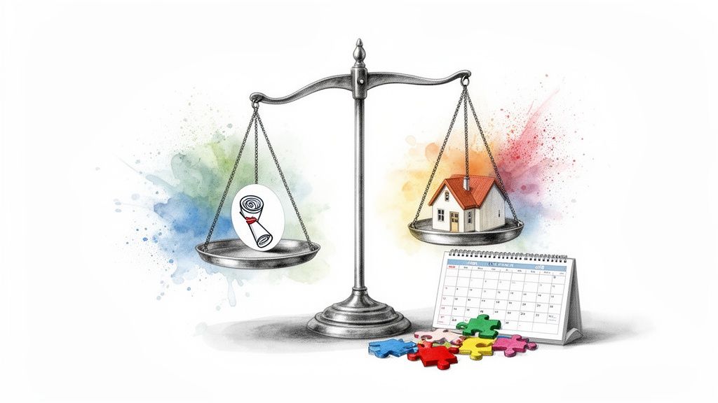 Decoding Speech Therapy Dubai Cost a Parent's Guide 3 A balance scale weighing a diploma against a house, with a calendar and puzzle pieces below, against a colorful watercolor splash background.