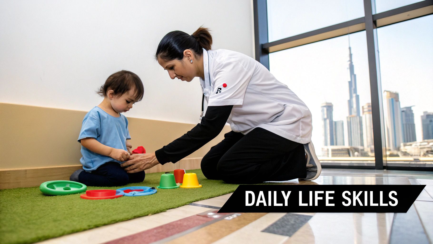 An occupational therapist working with a child in a colourful therapy room in Dubai