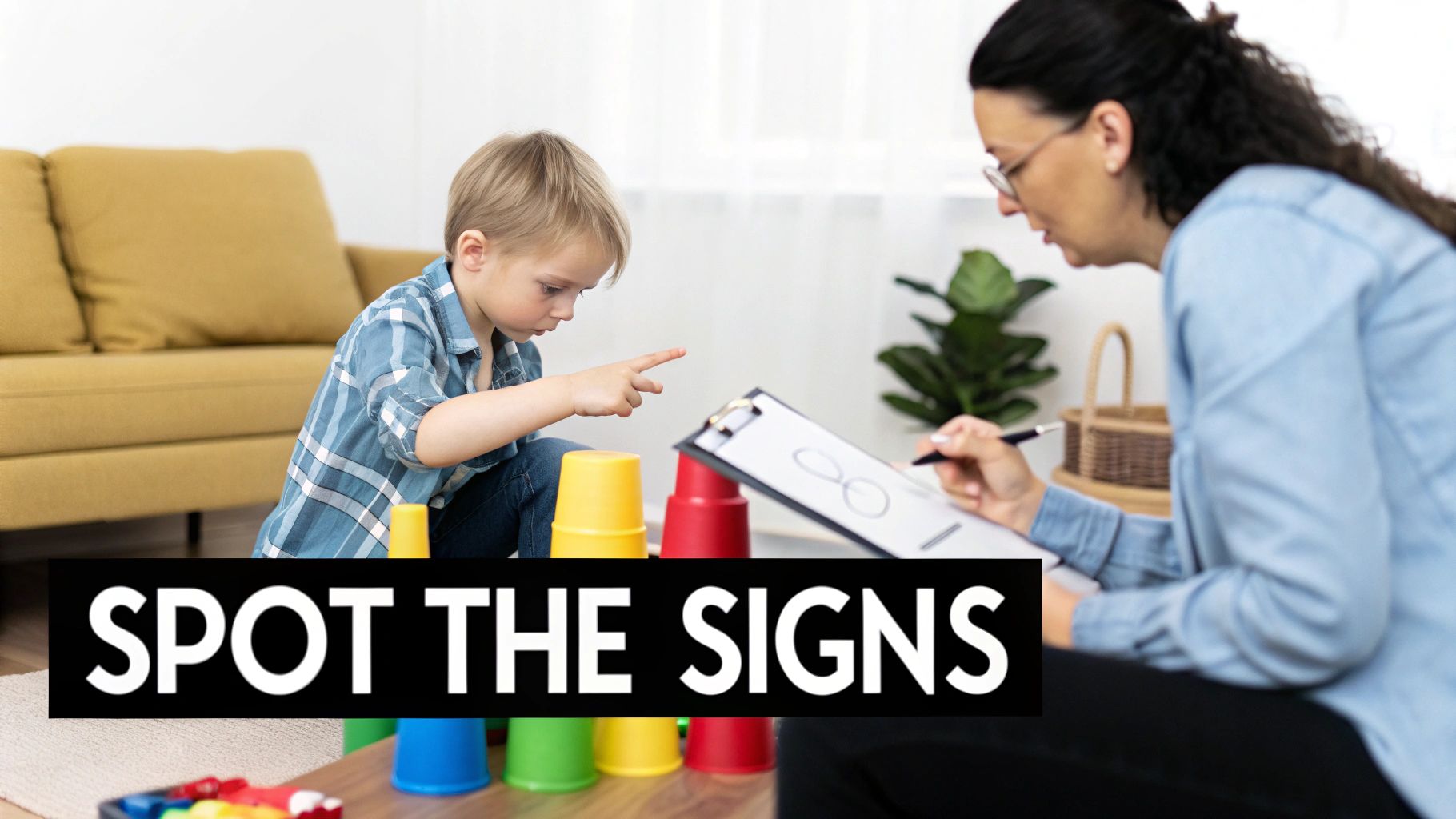 A concerned parent looking at their child, who is playing quietly with blocks, contemplating developmental milestones.