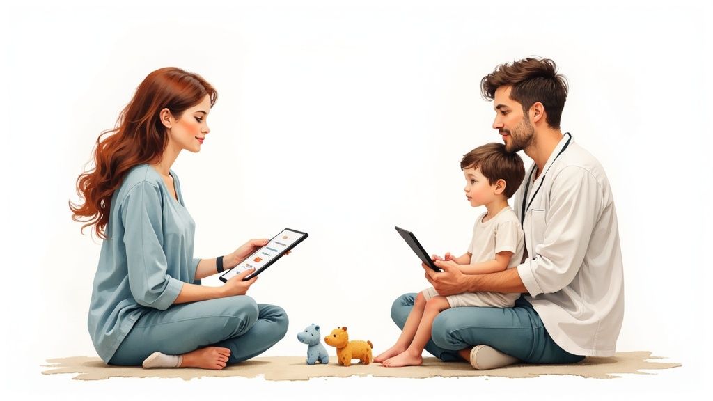 A speech-language pathologist and a man with a child are sitting on the floor using tablets with toys.