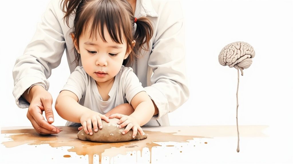 An adult guides a child playing with clay, symbolizing early brain development and learning.