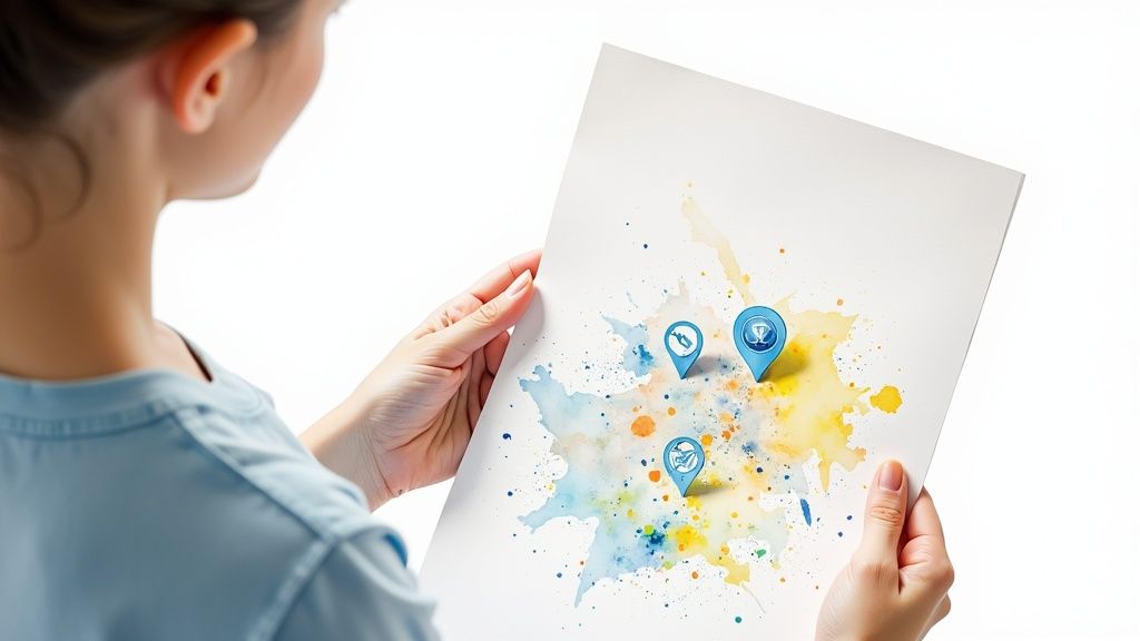 Finding Autism Centers Near Me and Choosing the Right Support 1 A person holds a paper displaying colorful watercolor splashes and three map pin icons.