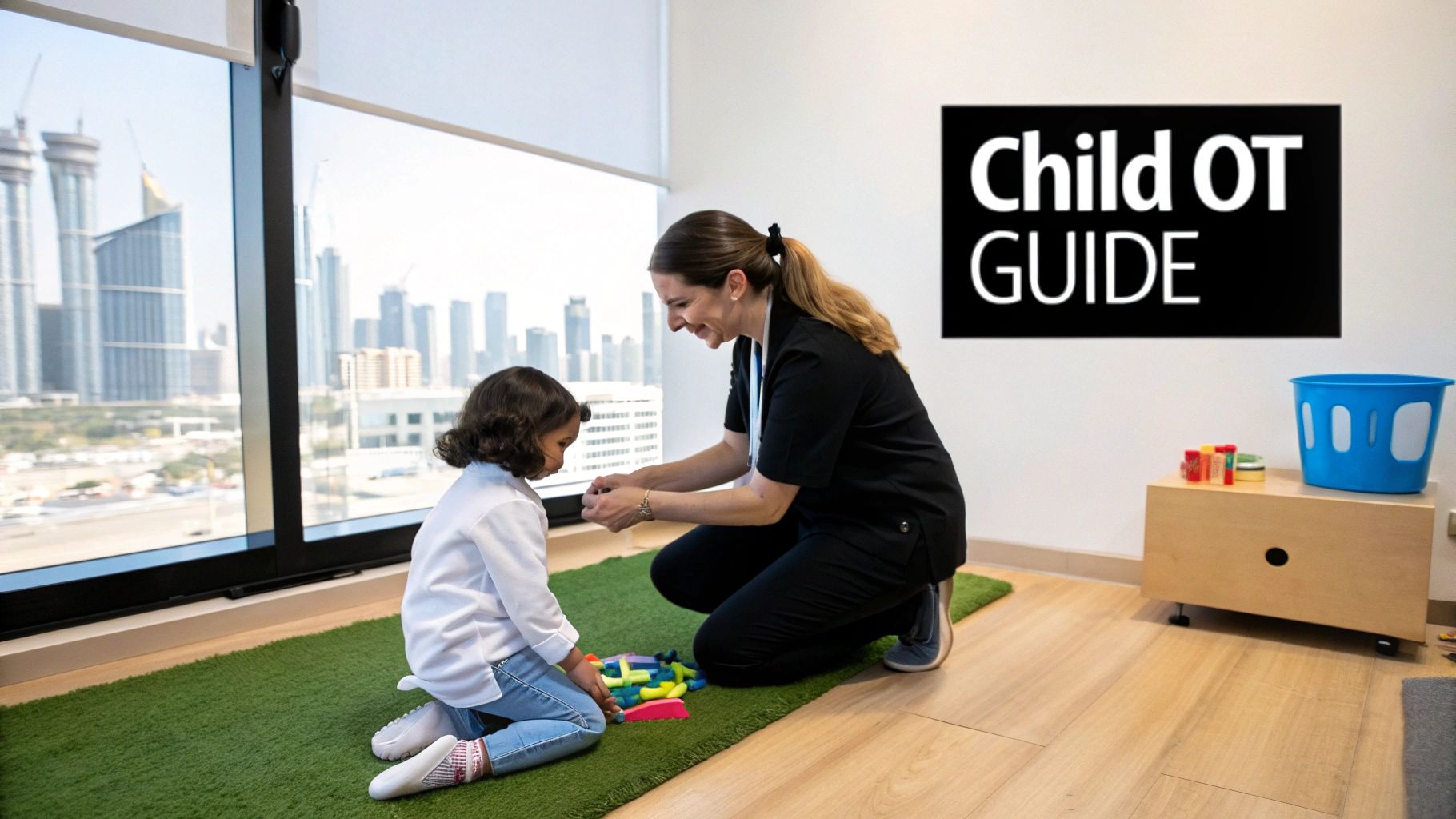 An occupational therapist helping a child with fine motor skills in a colourful therapy room