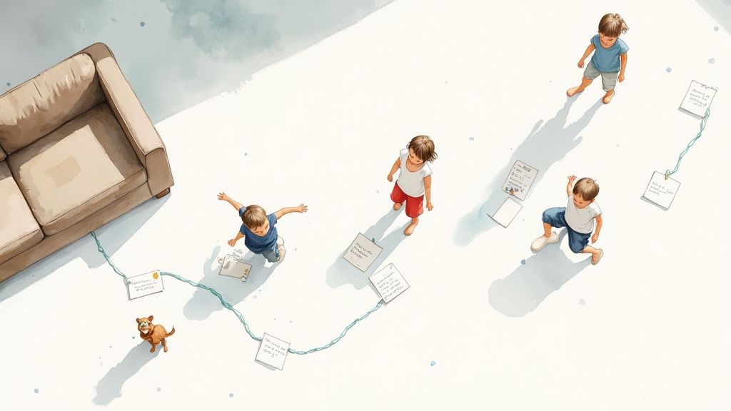 An aerial view of kids and a dog playing an indoor paper game next to a sofa.