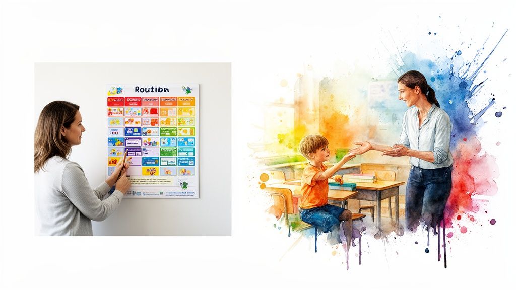 A Parent's Guide to ADHD Treatment in Dubai 4 A woman points at a colorful routine chart, next to a watercolor illustration of a teacher and child.