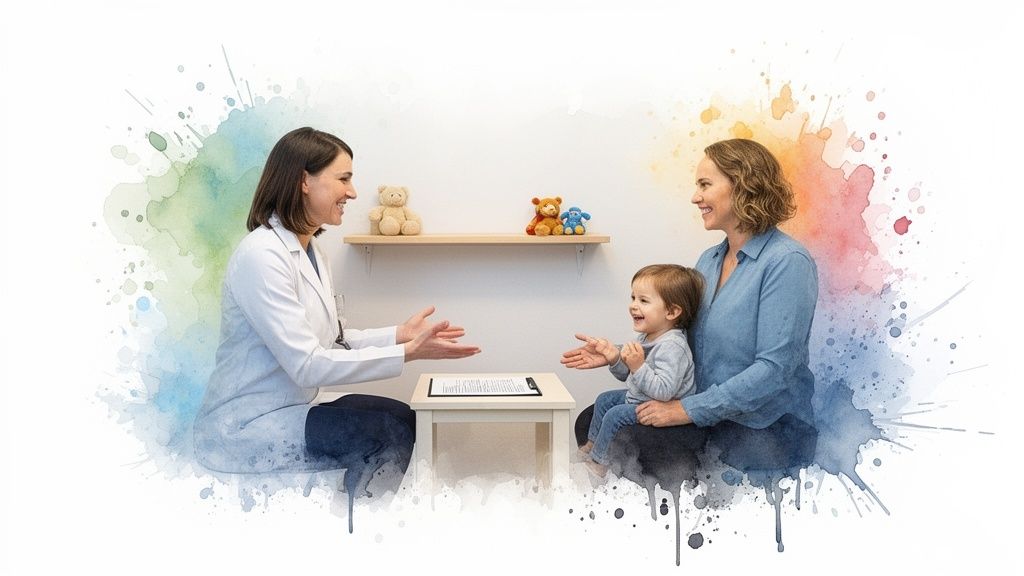 Finding a Children's Psychologist Near Me: A Parent's Guide 3 Smiling female doctor or psychologist engages with a happy mother and baby in a colorful, child-friendly room.