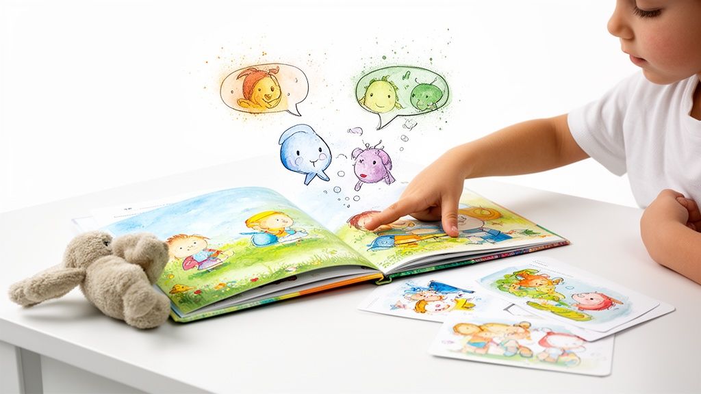 A child's hand points to an open storybook with colorful illustrations and cartoon characters, a bunny plush, and cards on a white table.