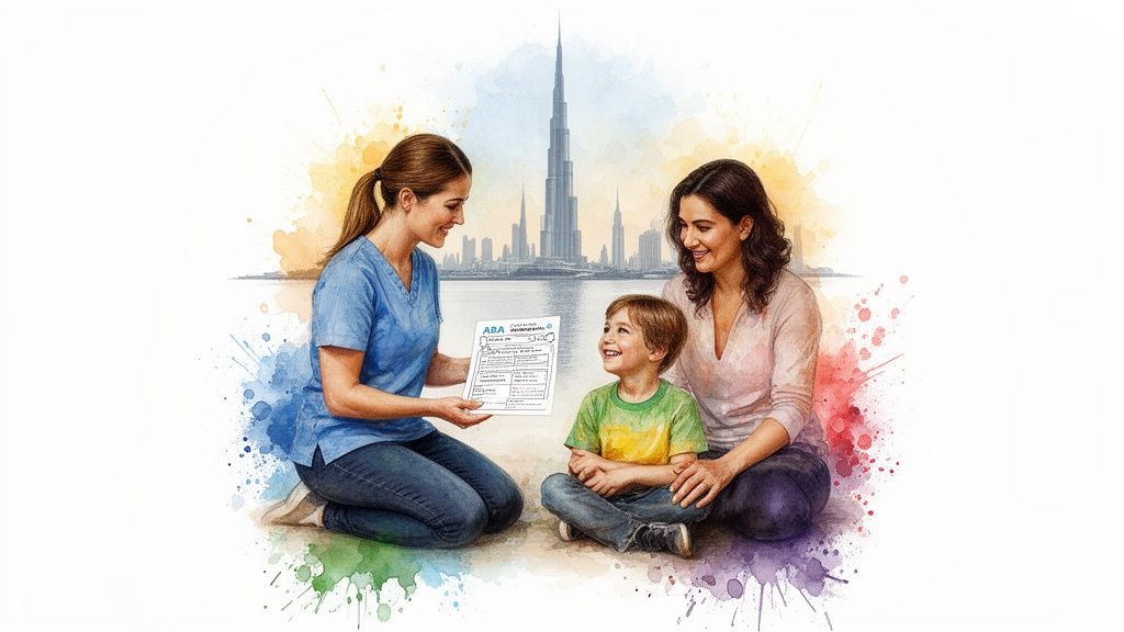 A smiling ABA therapist, parent, and child review documents in Dubai cityscape.