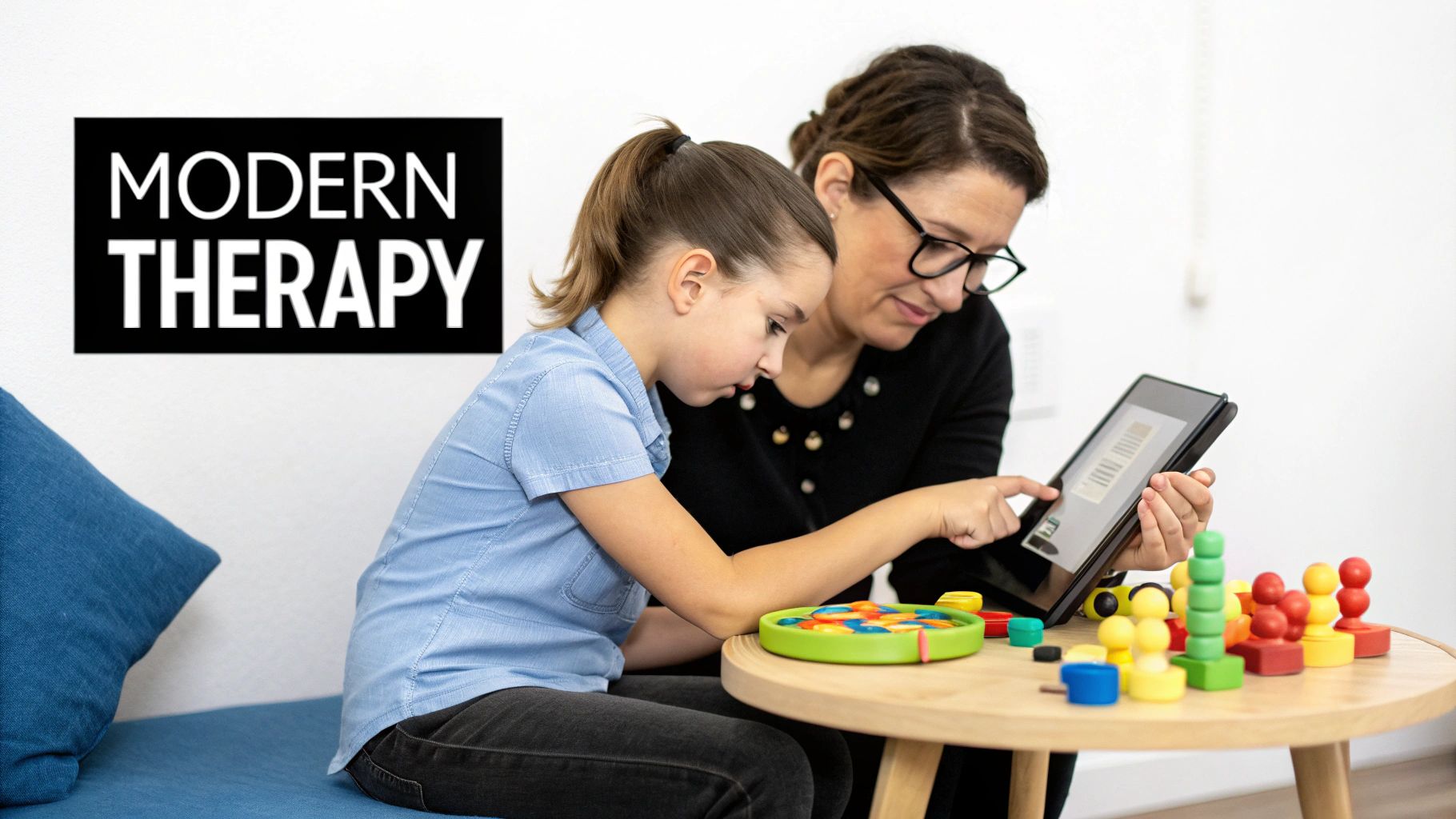 A therapist and a young boy using an AAC device on a tablet, with icons representing words lighting up as he touches them.