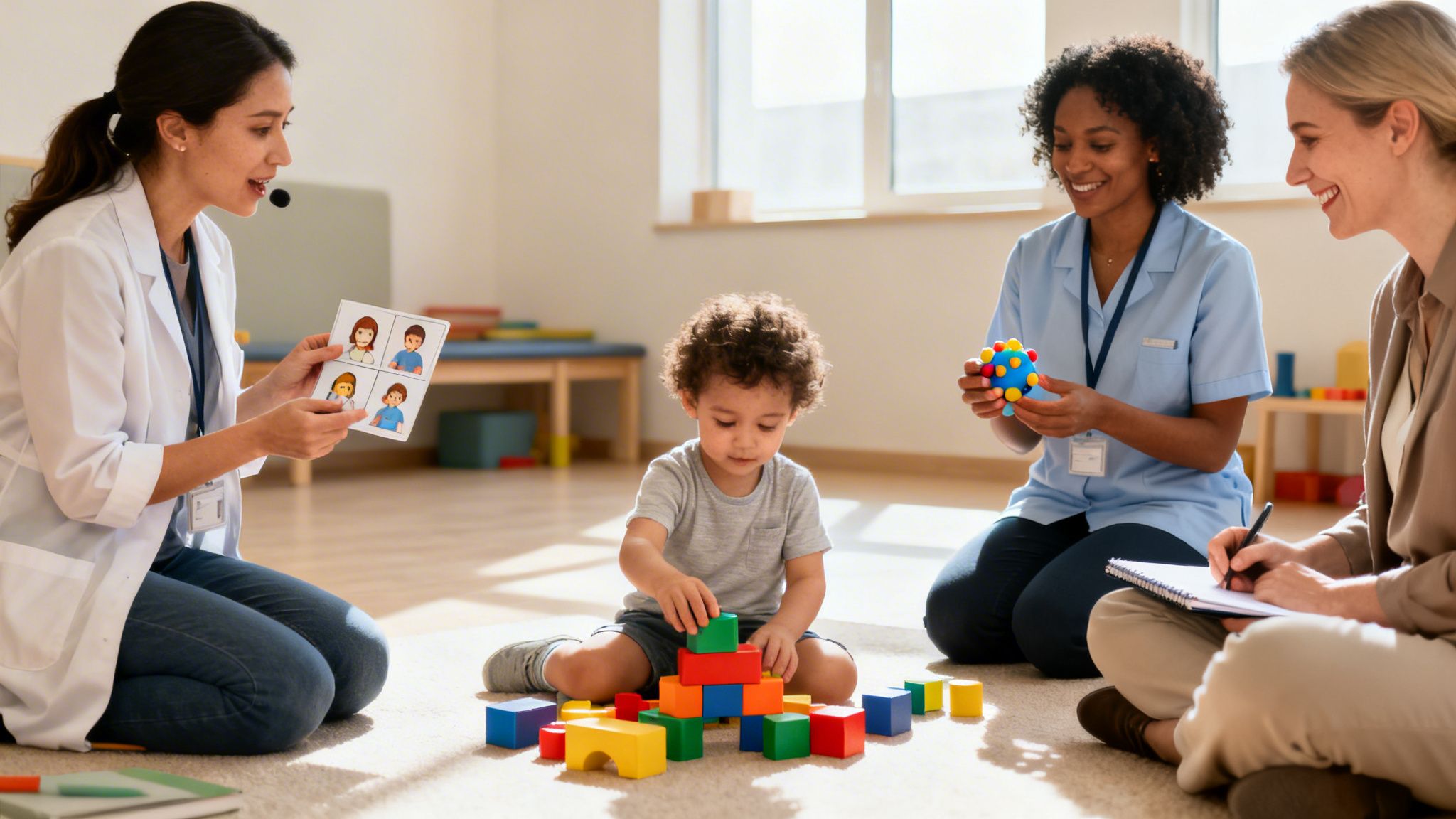 A speech therapist helps a child with flashcards as he plays with blocks, while two women observe.