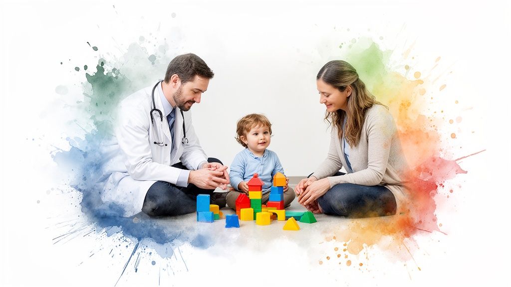 A male doctor and a woman engaging with a happy child playing with colorful blocks on the floor.
