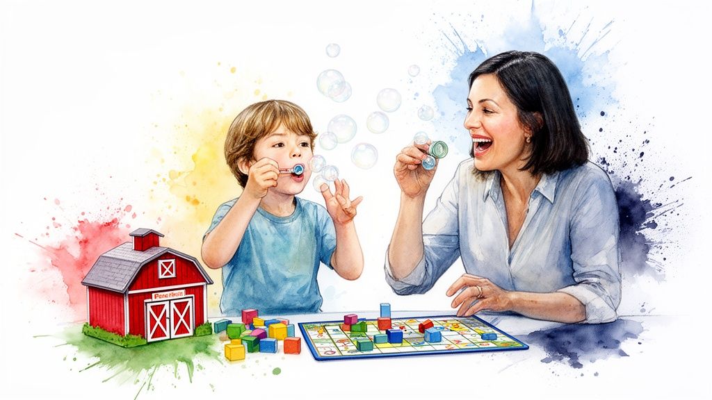 A smiling slp speech therapist and child playing with bubbles, a board game, and colorful blocks.