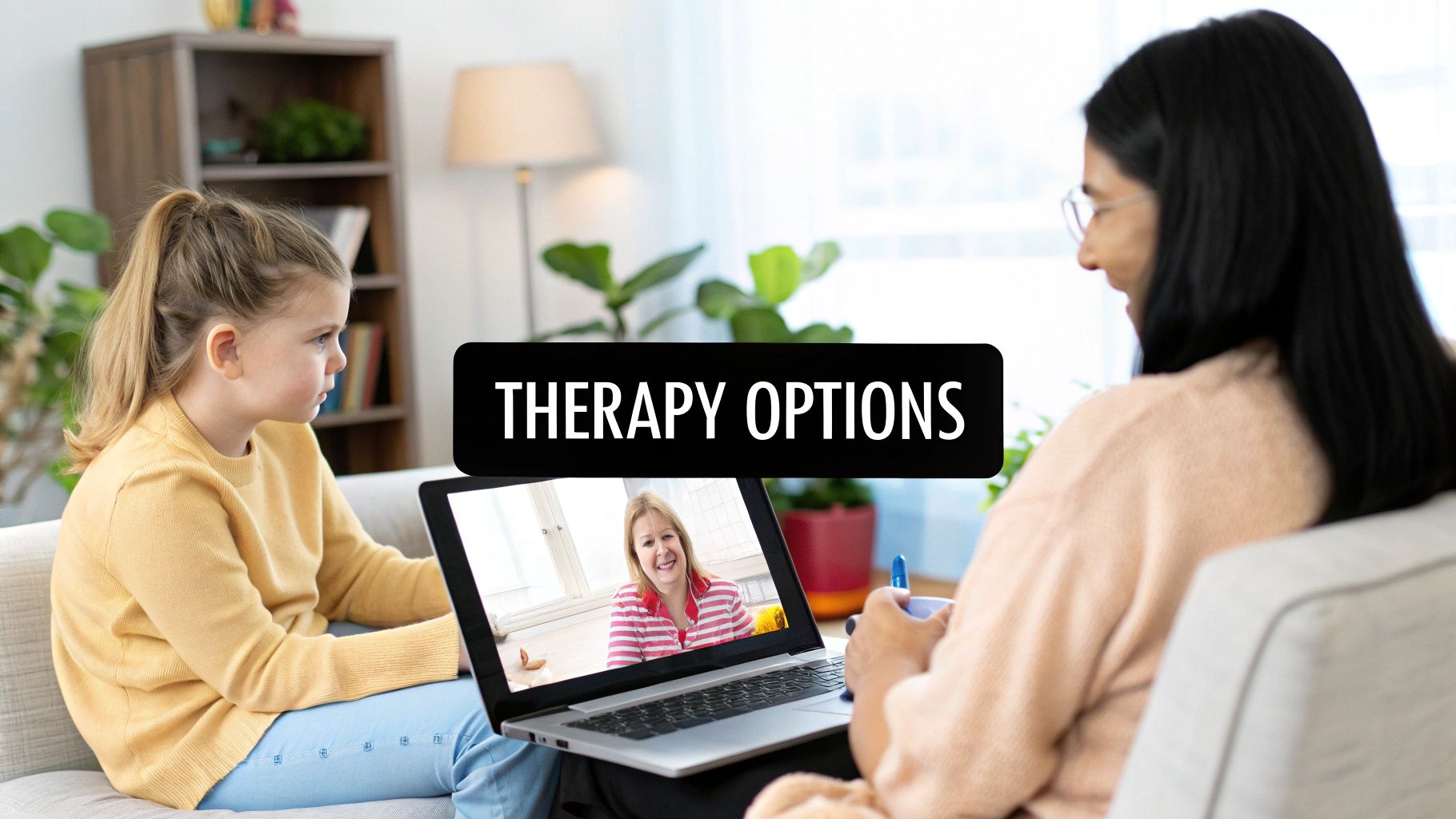 A young boy having a teletherapy session on a laptop with a speech therapist.