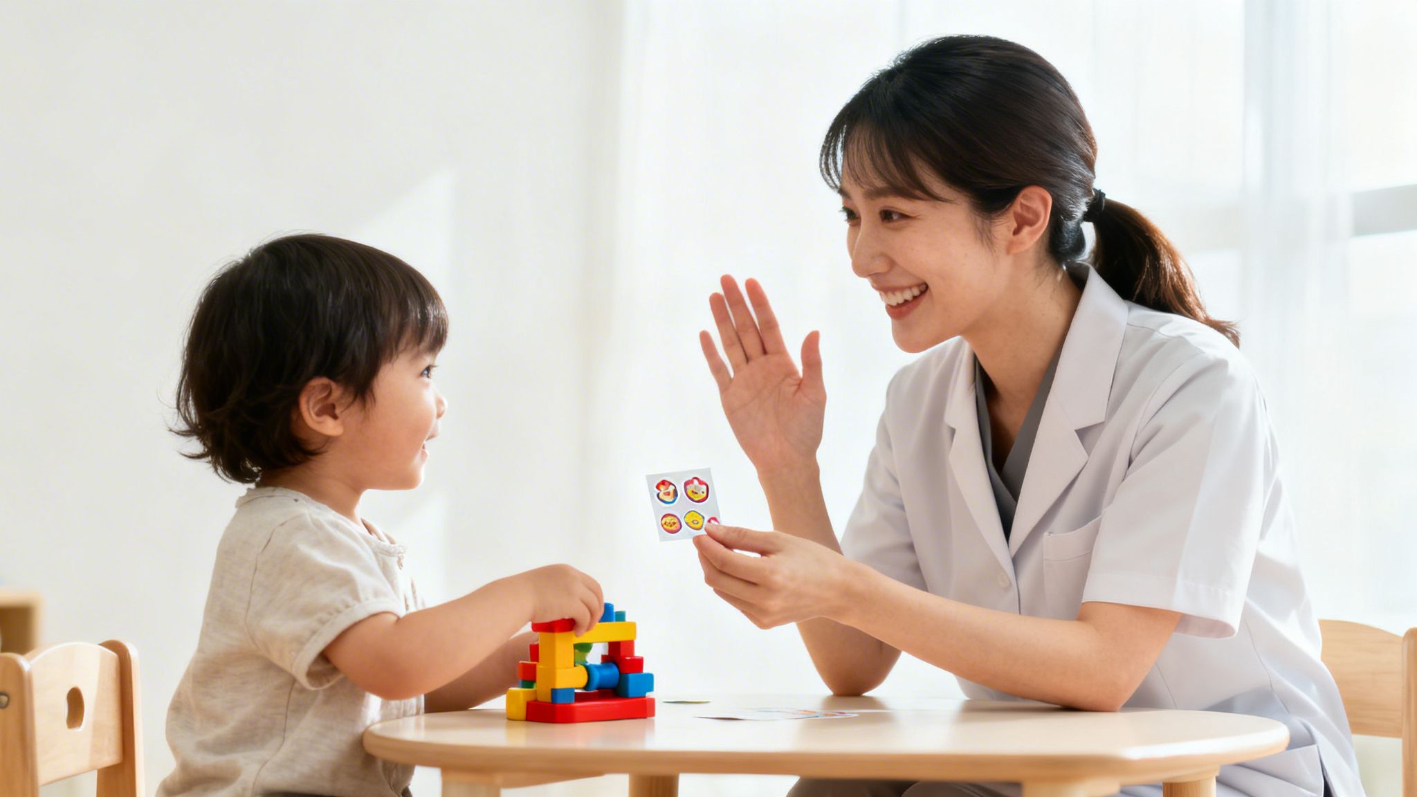 A smiling therapist interacts with a child playing with colorful blocks at a table.