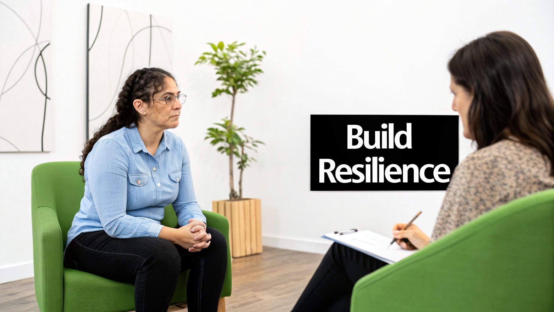 A compassionate therapist sitting across from a client in a warm, comfortable office setting.