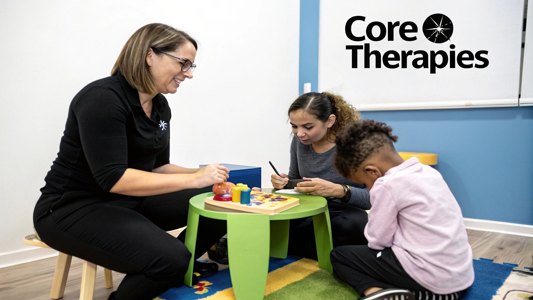 A therapist works with a young child using colourful therapy tools.