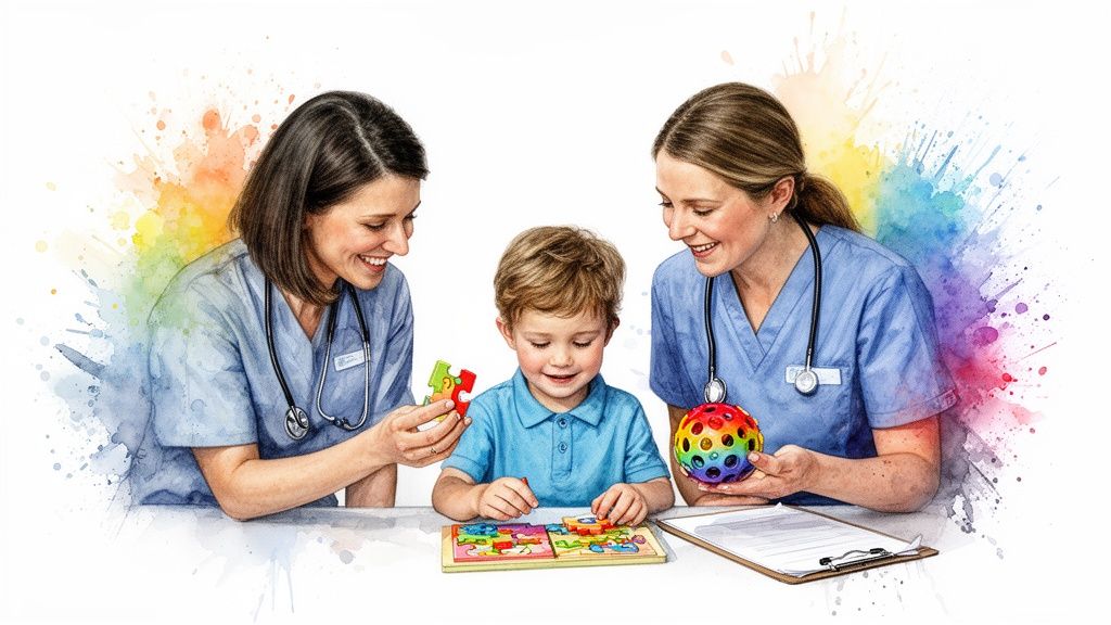 Two female therapists play with a smiling boy, using puzzles and a colorful sensory ball.