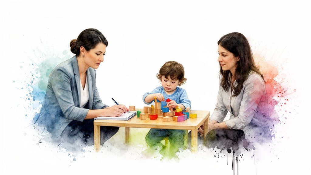 A young child plays with colorful blocks during a speech therapy session, observed by two women.