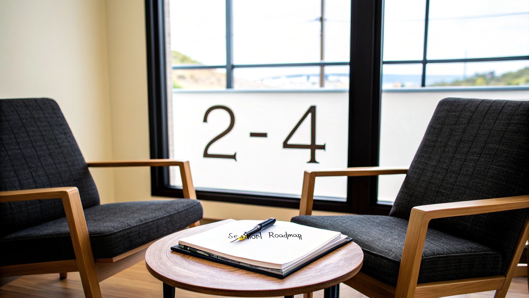 A therapist and client sitting in a bright, modern office, collaboratively reviewing a clipboard, representing the goal-setting phase of CBT.