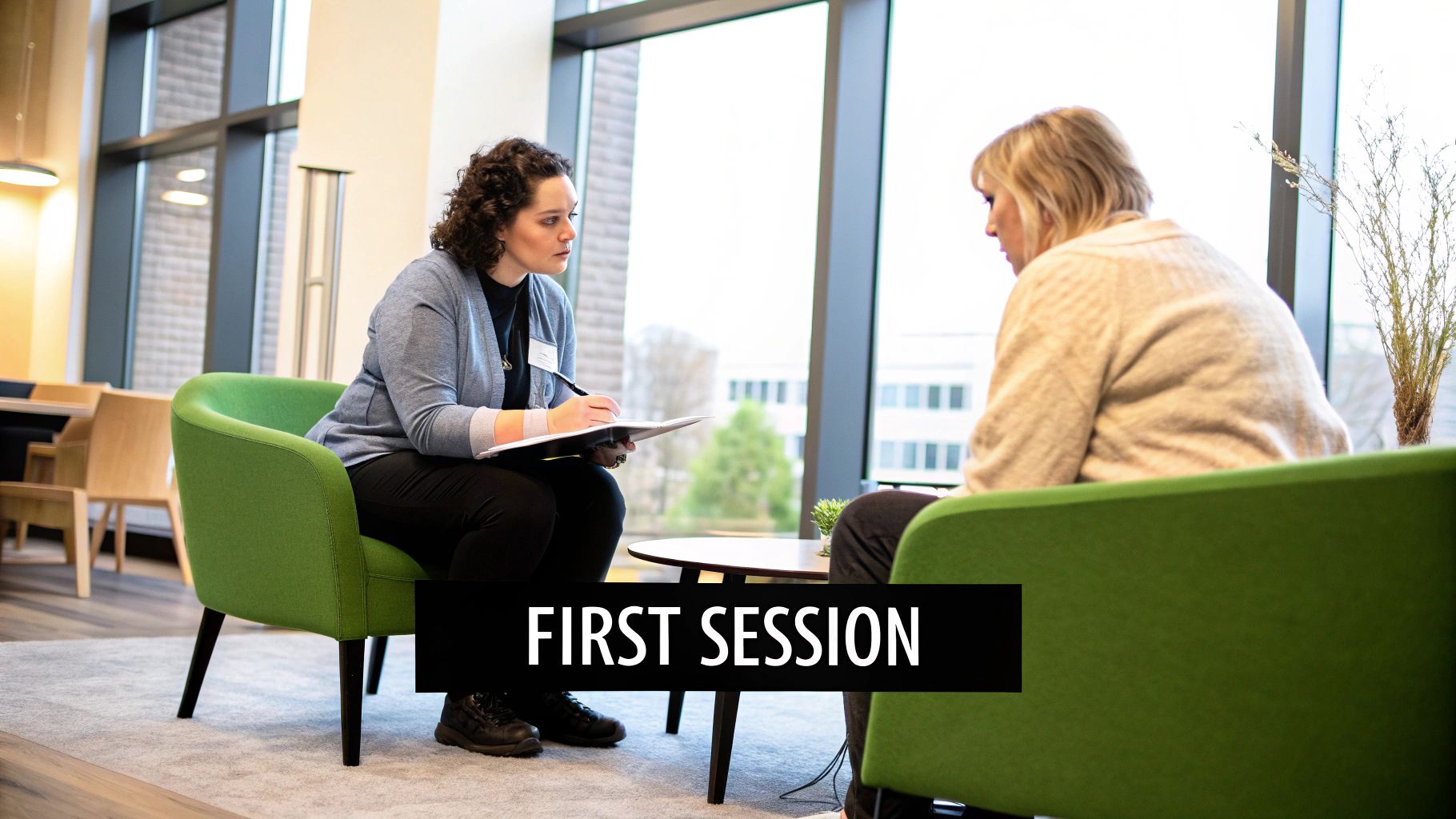 A speech therapist and a young girl smile as they work together at a table in a bright, modern therapy room.