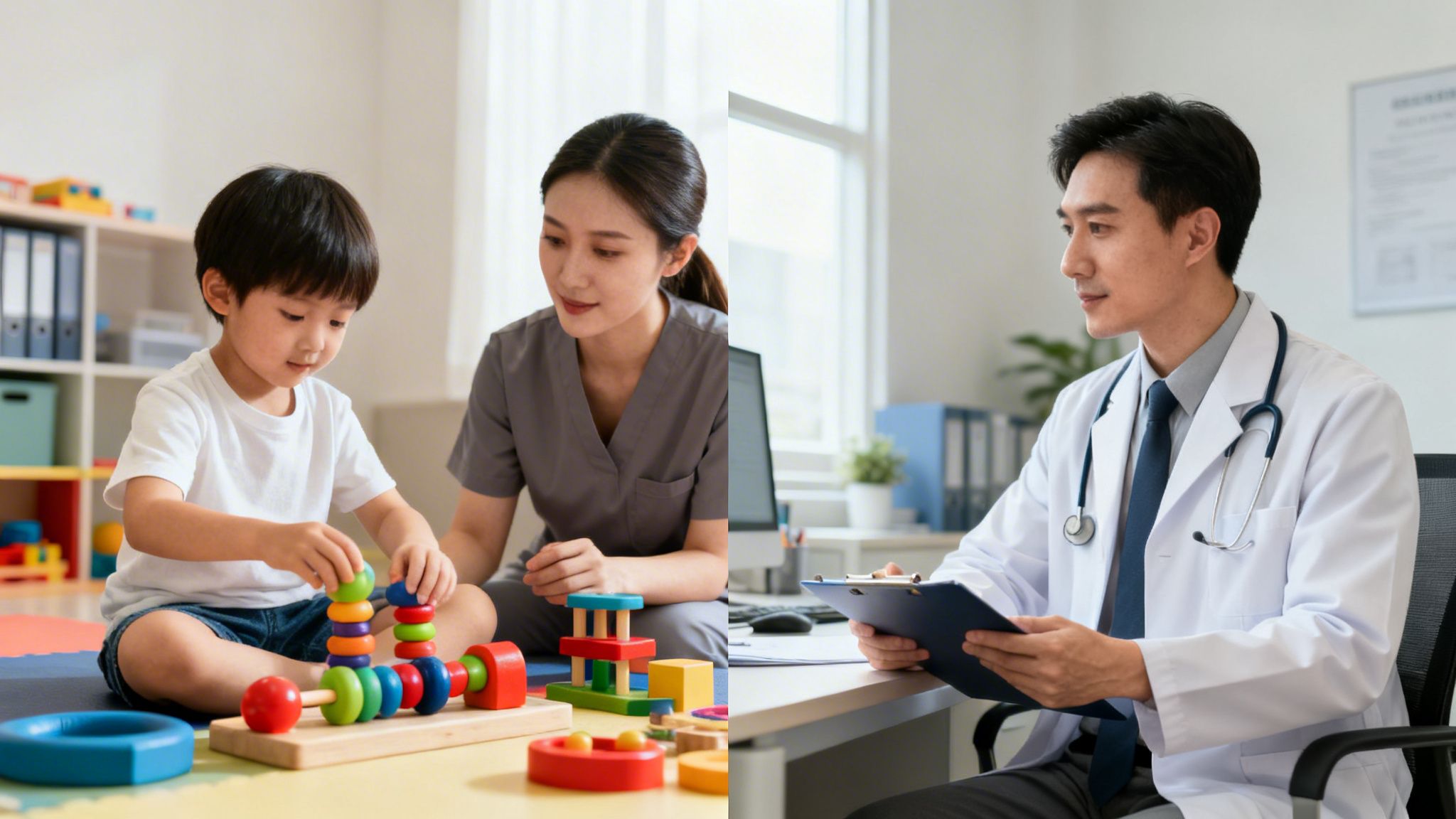 Your Guide to an Occupational Medical Clinic for Children 2 A young boy plays with colorful wooden stacking toys, observed by a therapist, while a doctor reviews patient records.