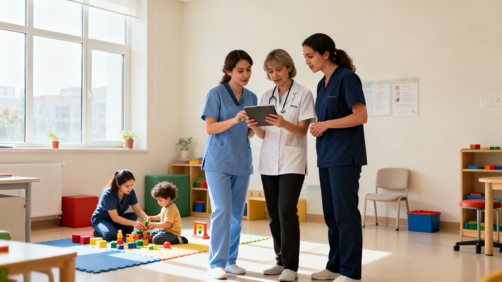 Your Guide to an Occupational Medical Clinic for Children 4 Medical team uses a tablet in a modern pediatric clinic as a nurse plays with a child.