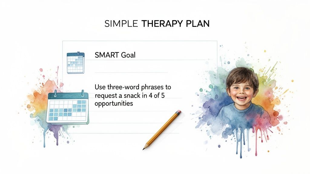 Finding a Language Therapist Near Me A Parent's Guide 4 A watercolor illustration of a simple therapy plan with a SMART goal for a child's communication skills.