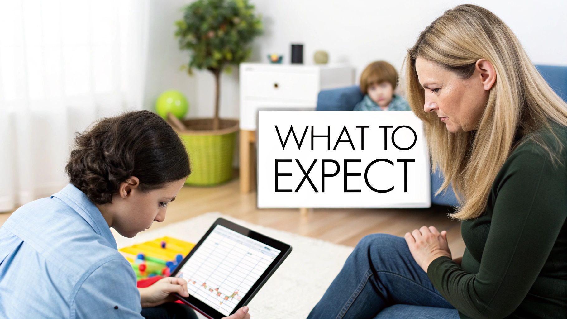 A child and therapist work together at a table in a bright, welcoming therapy room.