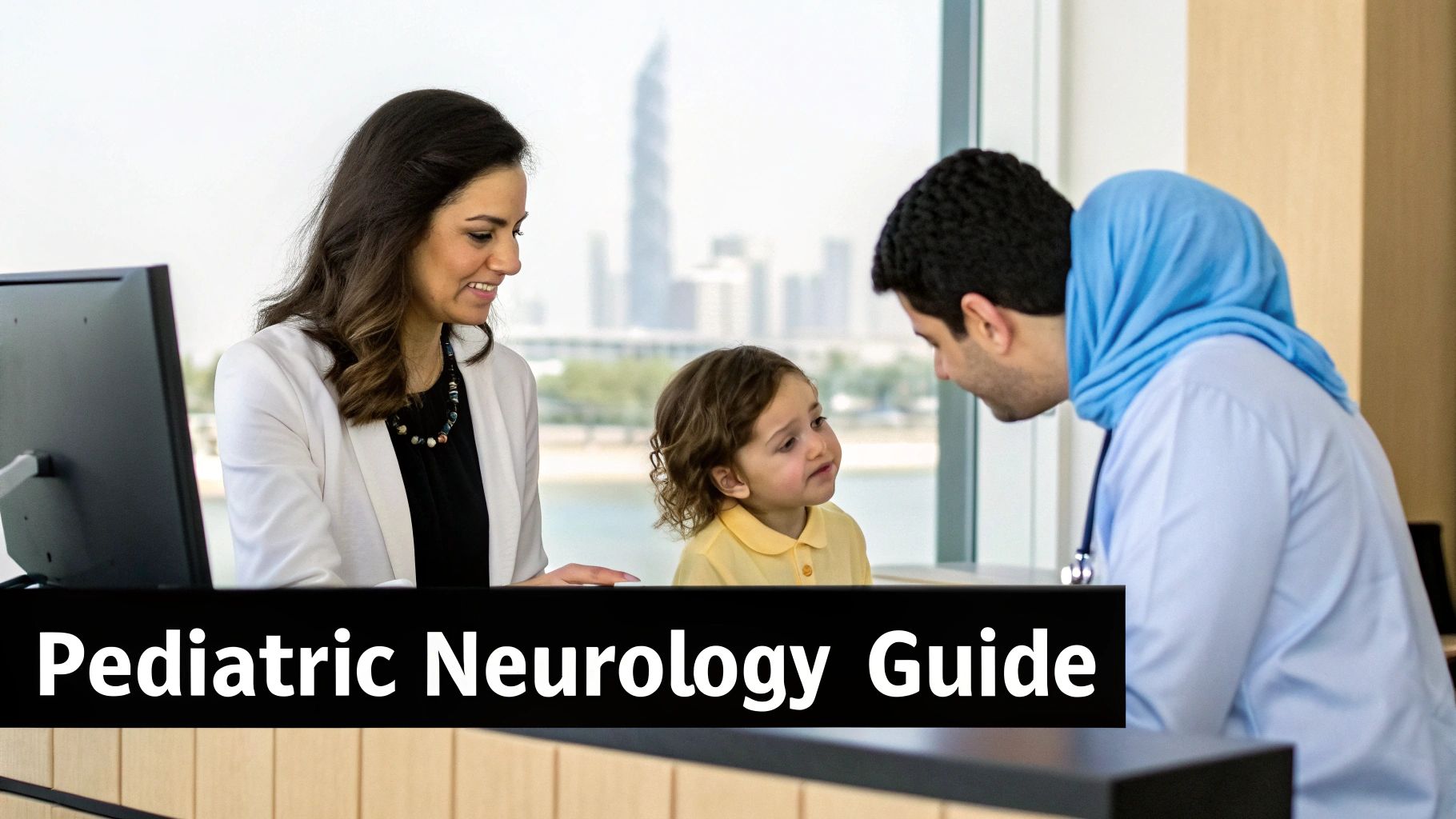 Finding a Pediatric Neurologist Dubai 1 A compassionate pediatric neurologist talking to a young child and their parent in a bright, friendly clinic in Dubai.