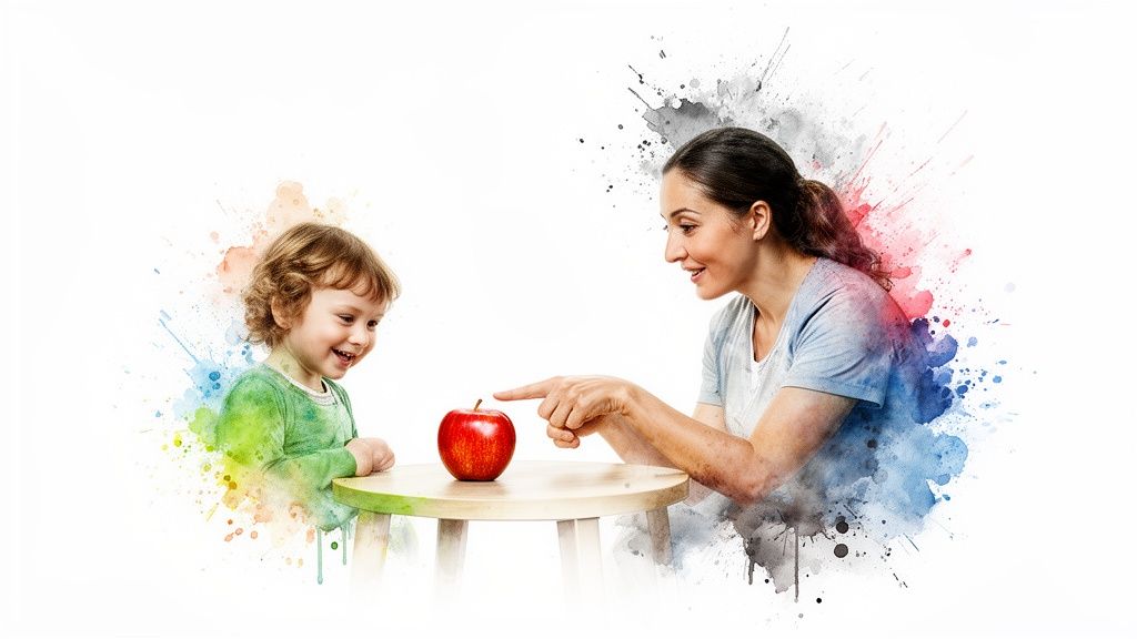 A smiling woman points at a red apple on a small table with a happy child, surrounded by colorful watercolor splashes.