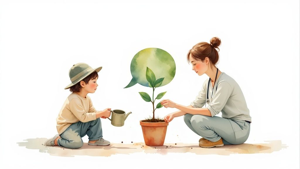 A young child and an adult nurture a potted plant, with a green, leafy speech bubble above.