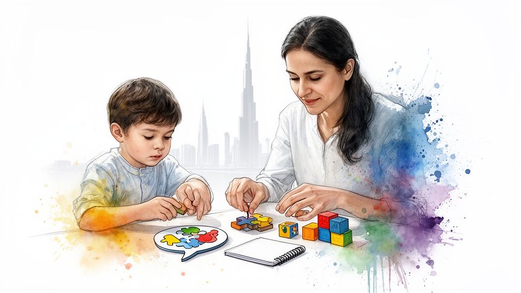 A Parent's Guide to ADHD Treatment in Dubai 1 A woman and child engage in playful learning with puzzles and blocks, watercolor art.