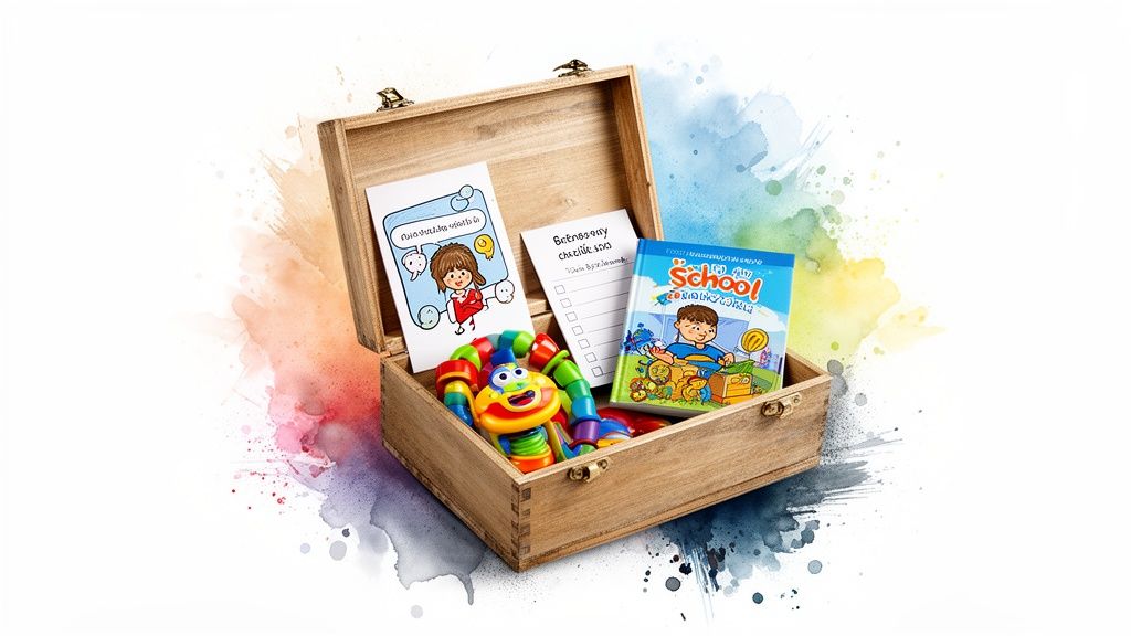Open wooden box with children's toy, cartoon cards, and 'School' book on a watercolor background.
