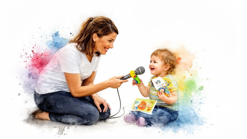 A smiling woman and toddler engaging in early learning with a toy microphone and flashcards.
