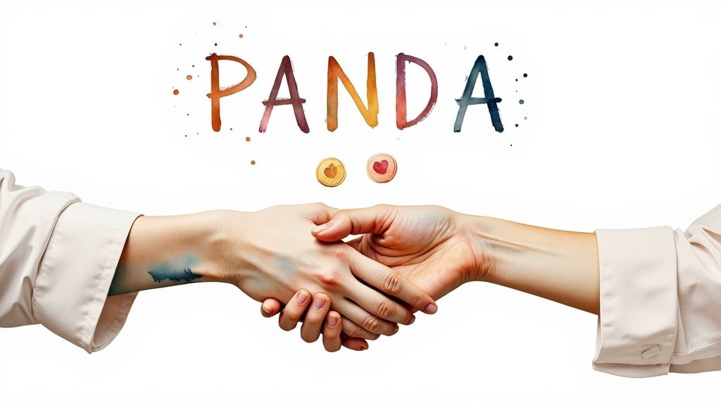 A Practical Guide to PDA and Autism 4 Two hands shaking beneath the colorful word PANDA, with heart-embossed tokens on a white background.