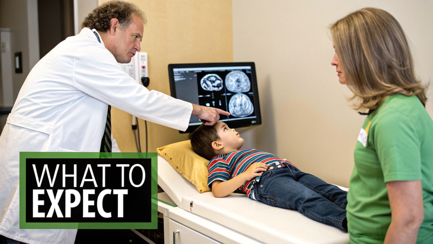 Finding a Pediatric Neurologist Dubai 3 A doctor gently performing a reflex test on a child's knee in a friendly clinic environment.