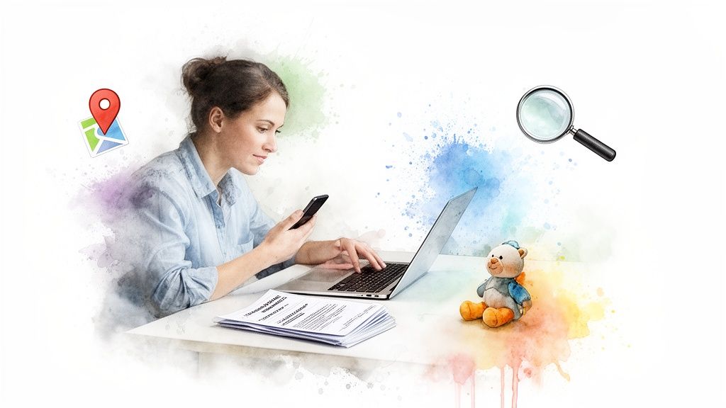 Finding a Children's Psychologist Near Me: A Parent's Guide 2 A woman uses her phone and laptop, with map and magnifying glass icons, in a watercolor style.