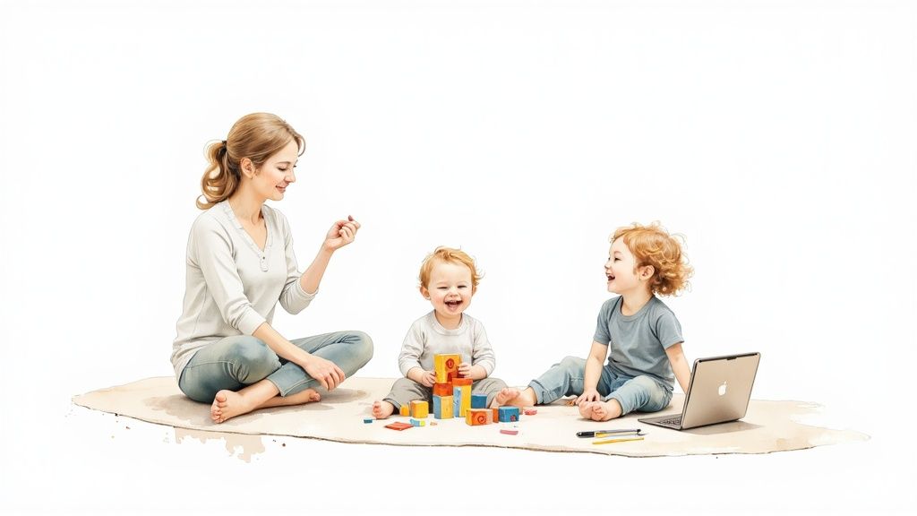 A woman and two joyful toddlers sit on a mat, playing with blocks and laughing together.
