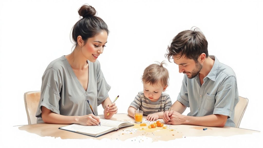 A family of three (mother, father, child) engaged in creative activities at a table.