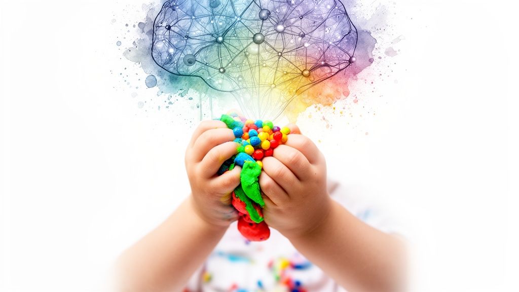 Child's hands engage in colorful sensory play, stimulating an artistic brain illustration.