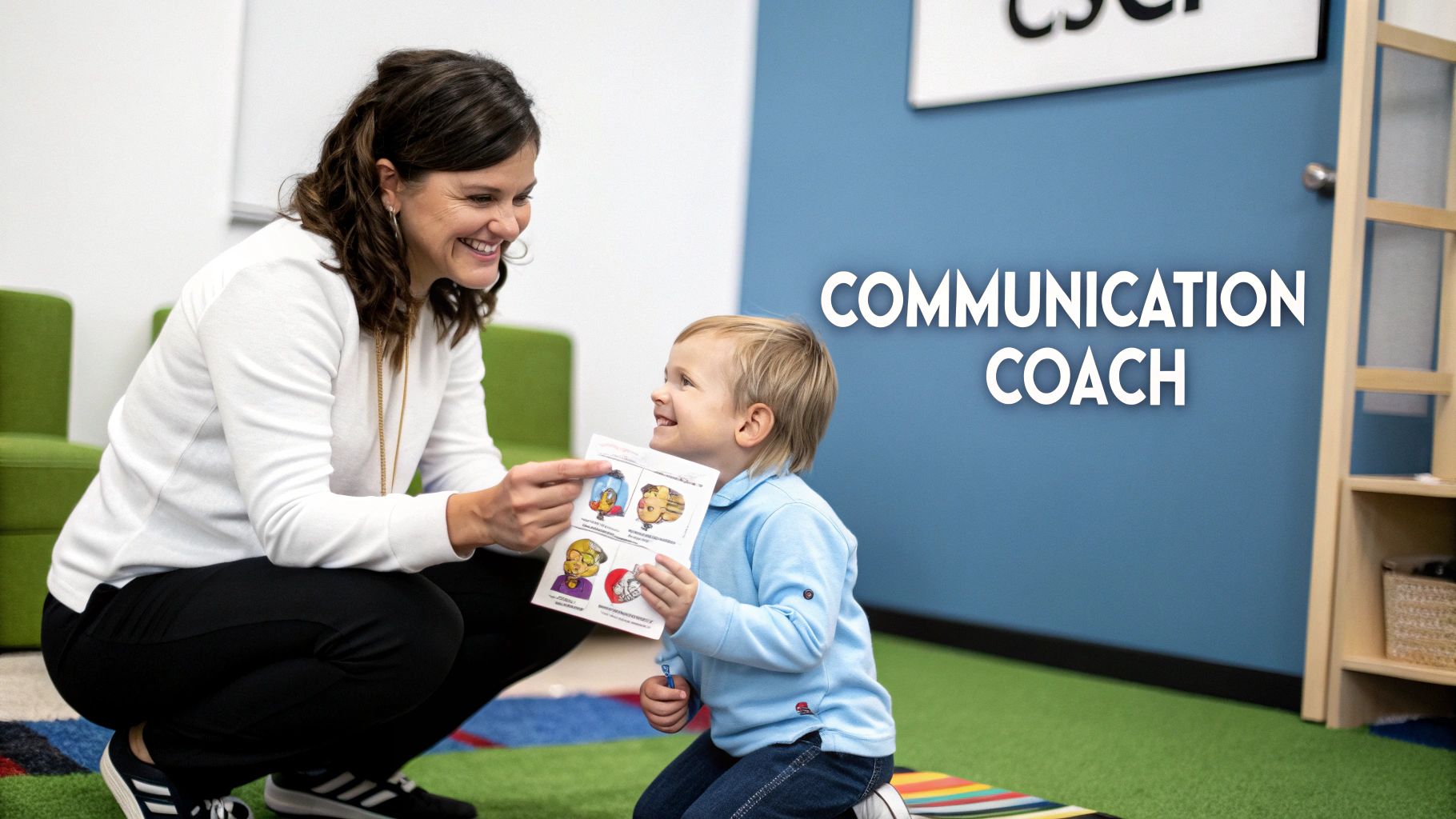 A speech and language therapist working with a young child on a tablet, showing colourful educational graphics.