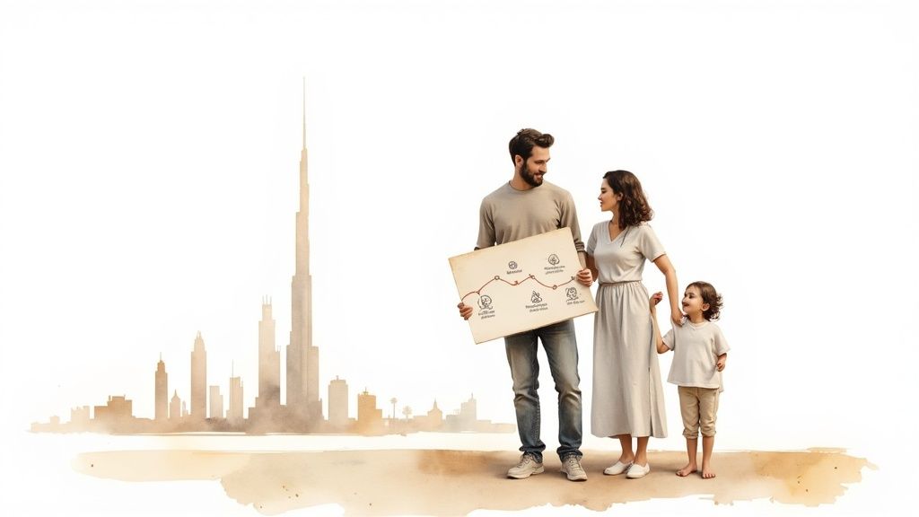 Explore autism treatment in dubai: A Practical Guide for Families 1 A happy family stands in front of a Dubai-like city skyline, holding a diagram of a journey.