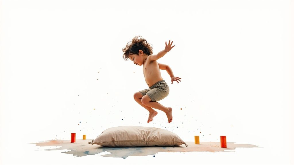 A happy child with curly hair jumps barefoot over a pillow on a white background with colorful paint splatters and blocks.