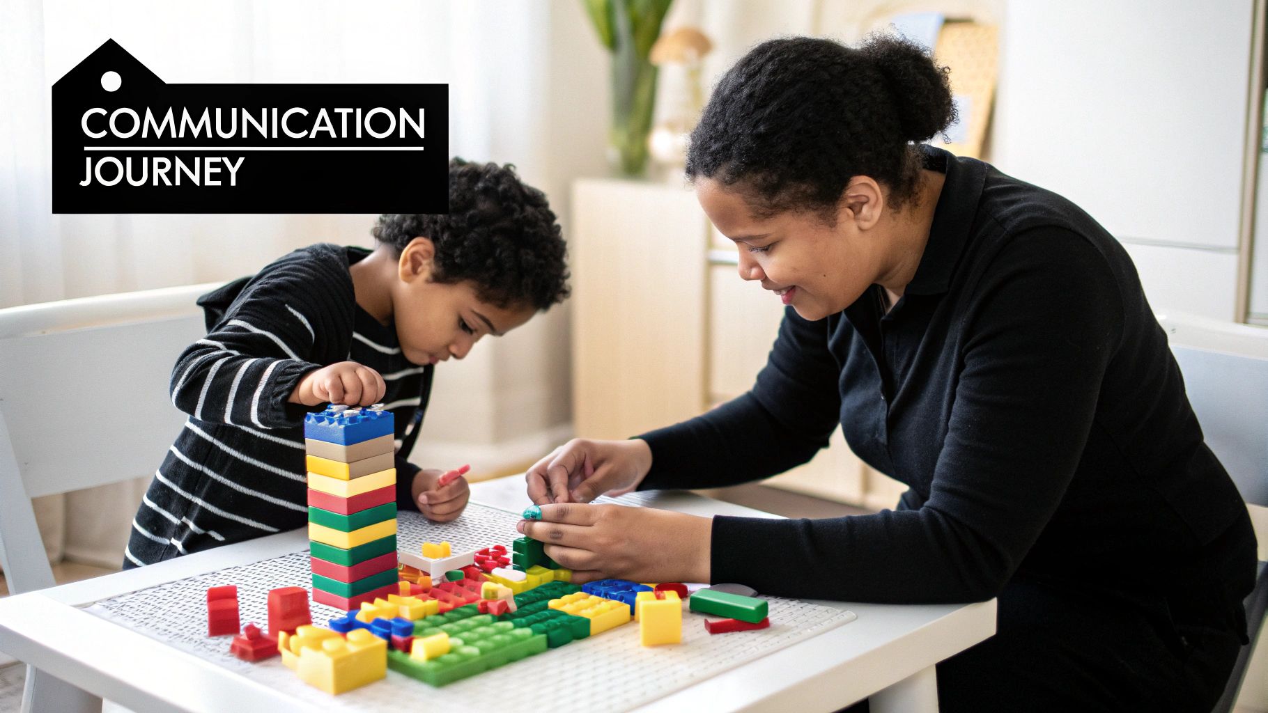 A Parent's Guide to Speech Therapy for Kids 1 A speech therapist working with a young child in a playful, engaging setting.