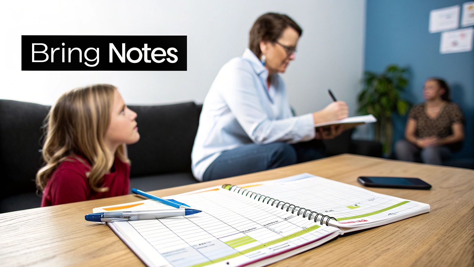 Professional therapist taking notes during counseling session with patient on couch, notebooks and pens on table